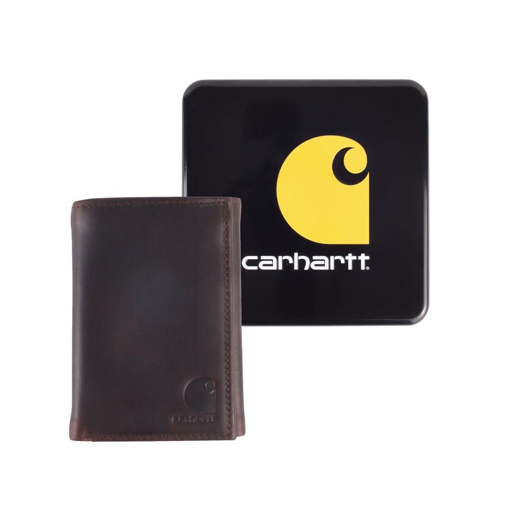 Carhartt Men's Black Gift Tin Brown Genuine Leather Trifold Wallet
