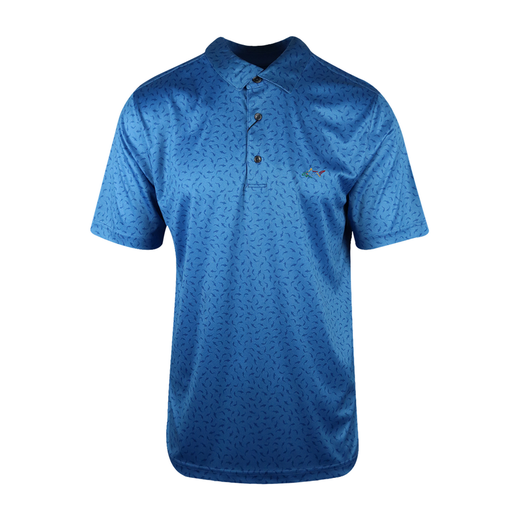 Greg Norman Men's Aqua Blue Mini Shark Pattern 3 Button S/S Polo Shirt (S01)