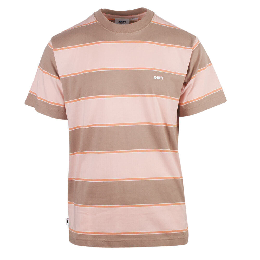 OBEY Men's Tan Orange Salmon White Striped S/S T-Shirt