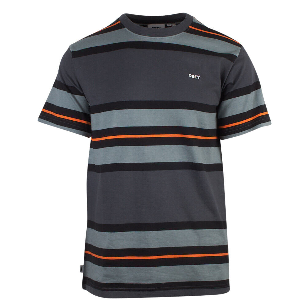 OBEY Men's Charcoal Black Green Orange Striped S/S T-Shirt