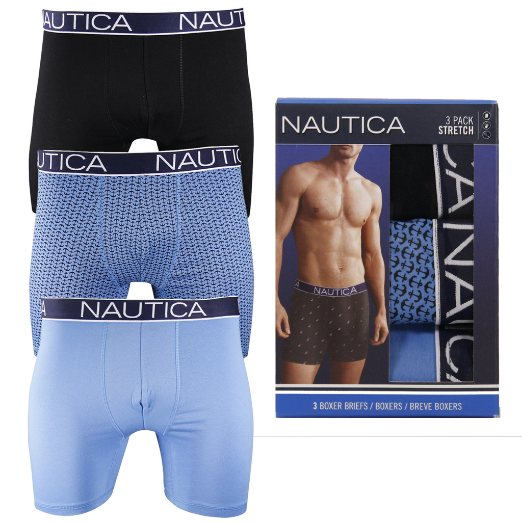Nautica Men's 3 Pack Light Blue, Light Blue Anchors, Black Stretch Boxer Briefs