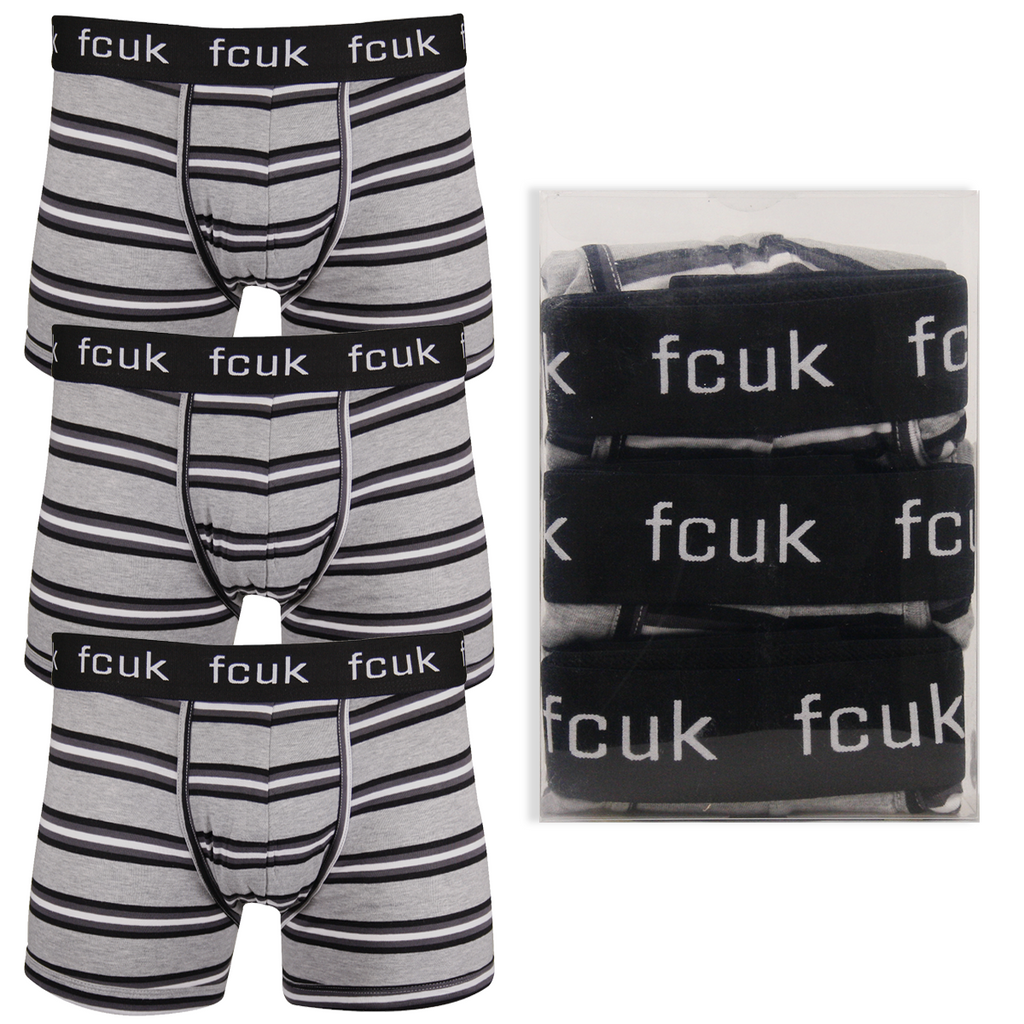 FCUK Men's 3 Pack Grey Black White Stripes w/ Black Strap Boxer Briefs (S16)